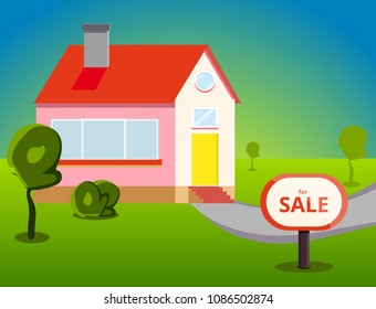 Sell house. Selling for family, husband and wife. House for sale for young couple. Property For Sale. Modern flat cartoon style vector illustration icons. Farm, cottage, country house with green tree