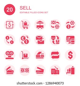 sell icon set. Collection of 20 filled sell icons included Dollar, Delivery cart, Cart, Exchange, Transfer, Scanner, Rental