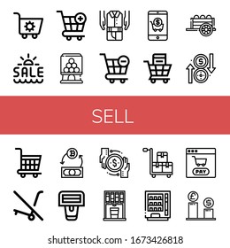 sell icon set. Collection of Shopping cart, Summer sale, Cart, Candy machine, Second hand, Exchange, No trolley, Barcode scanner, Transaction, Vending machine icons