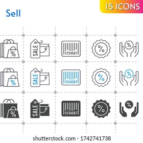 sell icon set. included shopping bag, discount, barcode icons on white background. linear, bicolor, filled styles.