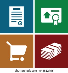 Sell icons set. set of 4 sell filled icons such as bill of house sell, bill of house, shopping cart