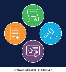 Sell icons set. set of 4 sell outline icons such as auction, bill of house sell