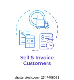 Ícone de conceito de gradiente azul para vender e faturar clientes. Processo de fatoração. Detalhes da transação do devedor. Ilustração de linha de forma redonda. Ideia abstrata. Design gráfico. Fácil de usar no artigo