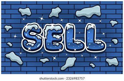 Sell Lettering With Snow Ice Font In Brick Wall Background For Sign Template. Text Effect and Simple Gradients. Vectors Illustrations.
