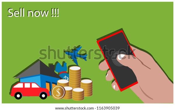 Sell now with hand held smartphone on the\
green background. Flat vector\
illustration.