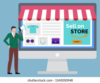 Sell on store, online shopping. Computer monitor, opened website with goods. Man stands with speaker. E-commerce and internet shopping, logistics worldwide international businesss vector illustration