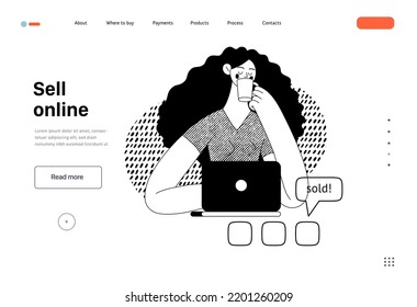 Vender en línea -compra en línea y plantilla web de comercio electrónico- moderna ilustración de concepto de vector plano de una mujer vendiendo en línea con una laptop. Concepto de promoción, descuentos, ventas y pedidos online