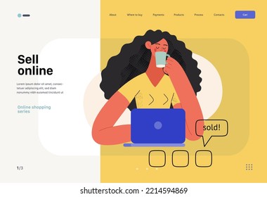 Sell online -Online shopping and electronic commerce web template -modern flat vector concept illustration of a woman selling online with a laptop. Promotion, discounts, sale and online orders concept