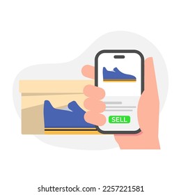 sell product to online marketplace with smartphone  concept illustration flat design vector eps10. modern graphic element for landing page, empty state ui, infographic, icon