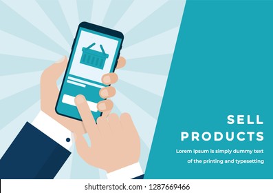 
Sell Products Concept with Businessman Hand Holding a Smartphone with Shopping Basket on a Shining Background. Suitable for Web banner, Infographics, Hero images. Flat Vector illustration 