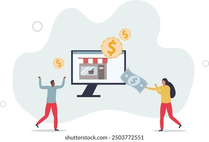 Vende productos en Internet utilizando sistemas de pago por Sitio web y digitales. Diseño plano con personas.