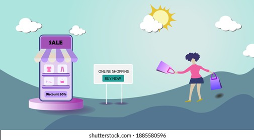 Sell products online, Discount, Big Sale, App App, Sell products online, Sell stuff online, Shopping via the Internet, Online shopping store on website and mobile phone design, Vector illustration.