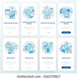 Sell strategies and techniques blue onboarding mobile app screen set. Walkthrough 4 steps editable graphic instructions with linear concepts. UI, UX, GUI template. Myriad Pro-Bold, Regular fonts used