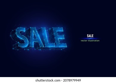 Sell symbol digital wireframe made of connected dots. Holiday discount sign low poly vector illustration on blue background.