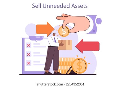Sell unneeded assets. Effective financial tips for entrepreneur in conditions of economic stagnation. Economic activity decline, business-saving actions. Flat vector illustration