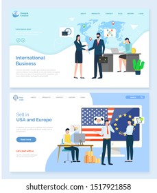 Sell in USA and Europe, international business, worldwide trade. Man and woman handshake, employee working computer, communication with pc vector. Landing page template, website or webpage flat style