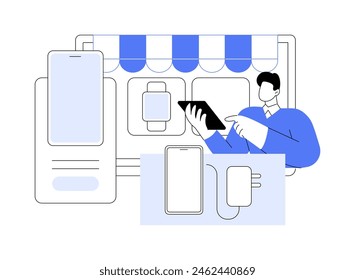 Sell used electronics isolated cartoon vector illustrations. Man selling used devices, online second hand store, small business, personal income, flea market sale, used gadgets vector cartoon.