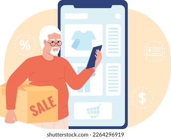 Sell used old clothes online flat concept vector spot illustration. Editable 2D cartoon character on white for web design. Thrift store creative idea for website, mobile, magazine. Oswald font used