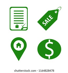 sell vector icons set. with dollar coin, house location, sale tag and house buying contract in set