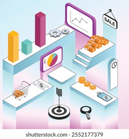 sell vector illustration 3d, purchase basket isometric sell vector illustration