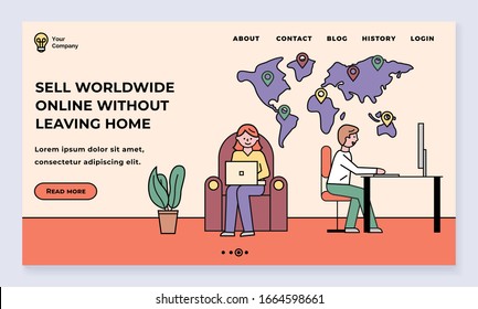 Sell worldwide online without leaving home. Woman and man using laptop to trade products in internet. People at house dealing with dropshipping system. Website or webpage template, landing page vector