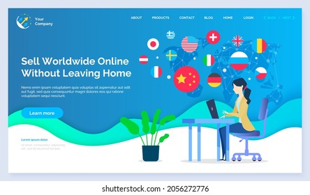 Sell worldwide without leaving home vector. Woman working with trading, delivery, sales online using laptop. Lady typing info on computer. Website or webpage template, landing page flat style