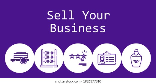 sell your business background concept with sell your business icons. Icons related id card, highlighter, rating, abacus, cart