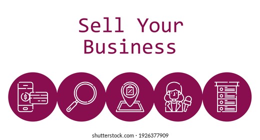 verkaufen Sie Ihr Business-Hintergrund-Konzept mit verkaufen Sie Ihre Business-Symbole. Symbole verwandte Loupe, Smartphone, Shop, Nachrichtenreporter, Liste