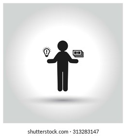 Sell your Idea concept. business man holding bulb and dollar currency Icon. Black Business Pictogram. vector illustration