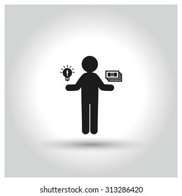 Sell your idea concept Icon. business man holding bulb and dollar currency icon. Black Business Pictogram. vector illustration