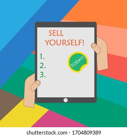 Sell yourself icon. Concept meaning to make yourself seem impressive or notable, to other showing touch screen tablet. Eps 10