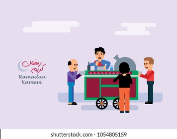 Seller beside his Beans Cart at street , Ramadan greeting card , people eating "sohour" before fasting .. flat illustration 