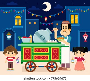 Seller beside his Beans Cart , Ramadan greeting card , boy and girl carrying  lanterns 