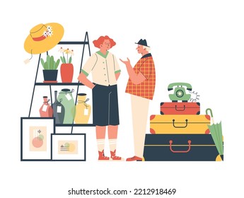 El vendedor y el comprador discuten el estilo liso, ilustración vectorial aislada en fondo blanco. Mercado de pulgas, reutilización y consumo razonable, venta de artículos adicionales