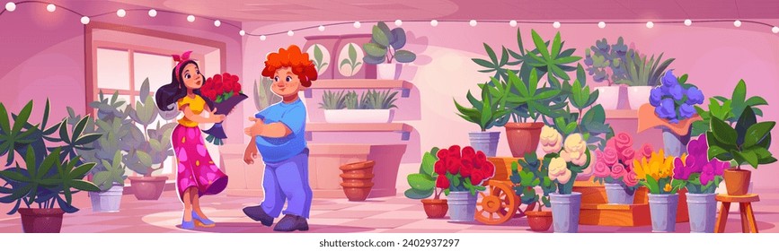 Vendedor y comprador en la floristería. Dibujo vectorial de un hombre comprando un ramo en una tienda florista, una habitación grande con bultos coloridos en baldes y jarrones, plantas verdes en macetas, negocio de jardinería