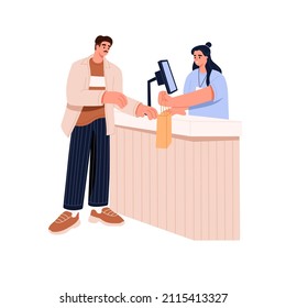 Seller and buyer at retail store counter. Vendor selling, customer buying bag in shop. Saleswoman and man shopper with purchase in mall. Flat vector illustration isolated on white background