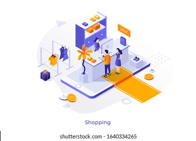 Seller and buyers at shop counter on giant smartphone. Concept of mobile application for online shopping, app for internet store, electronic retail. Modern colorful isometric vector illustration.