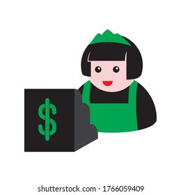seller and cash register icon on a white isolated background. Vector image eps 10