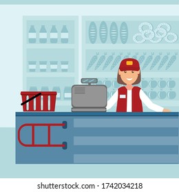 Seller cashier at the checkout in a grocery store on the background of a refrigerator and counter, color vector illustration in flat style, design, site design