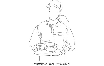 Seller cashier of a restaurant in a street fast food cafe at work. Drinks and meals. Carbonated drinks and sandwiches.One continuous drawing line  logo single hand drawn art doodle isolated minimal