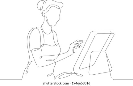 Seller cashier of a restaurant in a street fast food cafe at work. Drinks and meals. Carbonated drinks and sandwiches.One continuous drawing line  logo single hand drawn art doodle isolated minimal