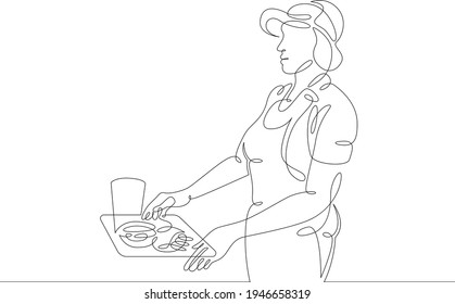 Seller cashier of a restaurant in a street fast food cafe at work. Drinks and meals. Carbonated drinks and sandwiches.One continuous drawing line  logo single hand drawn art doodle isolated minimal