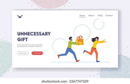 Seller Chase Woman Offer Gift Landing Page Template. Woman Customer Escape from Intrusive Advertising and Social Spam. Excessive Promotion of Goods and Services. Cartoon People Vector Illustration