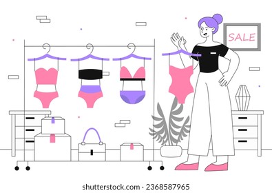 Seller clothes line concept. Woman in boutique with swimsuits. Discounts and promotions. Fashion, trend and style. Shopping mall and store worker. Linear flat vector illustration