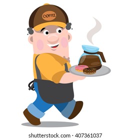 Seller coffee. Cartoon character, man in uniform with a tray and hot coffee.