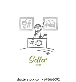 Seller concept. Hand drawn salesman behind the counter. Professional seller in fast food cafe isolated vector illustration.