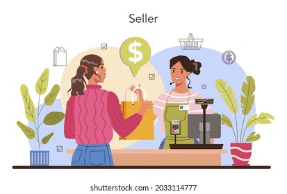Seller concept. Professional worker in the supermarket, shop, store. Stocktacking, merchandising, cash accounting and calculations. Client service, payment operation. Flat vector illustration