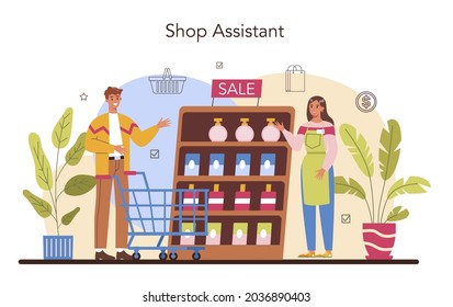 Seller concept. Professional worker in the supermarket, shop, store. Stocktacking, merchandising, cash accounting and calculations. Client service, payment operation. Flat vector illustration