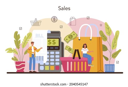 Seller concept. Professional worker in the supermarket, shop, store. Stocktacking, merchandising, cash accounting and calculations. Client service, payment operation. Flat vector illustration