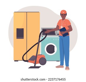 Seller consultant 2D vector isolated illustration. Household equipment store. Domestic appliance. Male flat character on cartoon background. Colorful editable scene for mobile, website, presentation